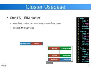 • Small SLURM cluster
couple of nodes, two user groups, couple of users
script & MPI workload
42
Cluster Usecase
srv backend consul
slurmctld
slurmctld
compute0
slurmd
compute<N>
slurmd
Compute
 