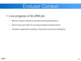 • Live progress of SLURM job
Monitor iteration speed to estimate workload behaviour
Get to know job while it’s running (instead of postmortem)
Introduce application profiling / log events (enhance feedback)
55
Enduser Context
 
