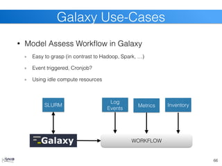 66
Galaxy Use-Cases
SLURM
Log
Events
WORKFLOW
Metrics Inventory
• Model Assess Workflow in Galaxy
Easy to grasp (in contrast to Hadoop, Spark, …)
Event triggered, Cronjob?
Using idle compute resources
 