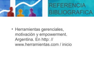 REFERENCIA
BIBLIOGRAFICA
• Herramientas gerenciales,
motivación y empowerment.
Argentina. En http: //
www.herramientas.com / inicio
 