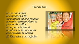 Pronombres
Los pronombres
Reemplazan a los
sustantivos, en el siguiente
ejemplo veremos como el
pronombre ellos
reemplaza la lista de
nombres de las personas
que realizan la acción.
Ej: Ellos ríen a carcajadas