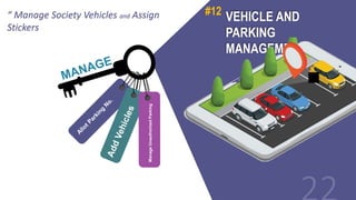 VEHICLE AND
PARKING
MANAGEMENT
#12
Manage
Unauthorized
Parking
“ Manage Society Vehicles and Assign
Stickers
 