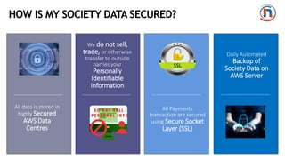 HOW IS MY SOCIETY DATA SECURED?
All data is stored in
highly Secured
AWS Data
Centres
We do not sell,
trade, or otherwise
transfer to outside
parties your
Personally
Identifiable
Information
All Payments
transaction are secured
using Secure Socket
Layer (SSL)
Daily Automated
Backup of
Society Data on
AWS Server
 