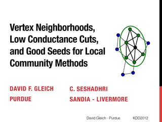 Vertex Neighborhoods, !
Low Conductance Cuts, !
and Good Seeds for Local
Community Methods
DAVID F. GLEICH
PURDUE
C. SESHADHRI
SANDIA - LIVERMORE
KDD2012
David Gleich · Purdue
 