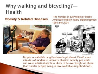 People in walkable neighborhoods get about 35-45 more minutes of moderate intensity physical activity per week and were substantially less likely to be overweight or obese than similar people living in low-walkable neighborhoods. The number of overweight or obese American children nearly tripled between 1980 and 2004 Obesity & Related Diseases 