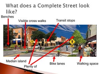 Median island Bike lanes Walking space Transit stops Visible cross walks Plenty of green Benches 