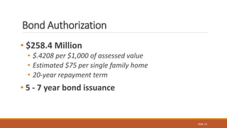 Bond Authorization
• $258.4 Million
• $.4208 per $1,000 of assessed value
• Estimated $75 per single family home
• 20-year...