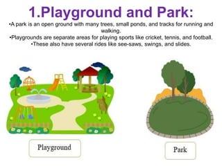 1.Playground and Park:
•A park is an open ground with many trees, small ponds, and tracks for running and
walking.
•Playgrounds are separate areas for playing sports like cricket, tennis, and football.
•These also have several rides like see-saws, swings, and slides.
 