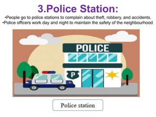 3.Police Station:
•People go to police stations to complain about theft, robbery, and accidents.
•Police officers work day and night to maintain the safety of the neighbourhood.
 
