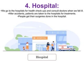 4. Hospital:
•We go to the hospitals for health check-ups and consult doctors when we fell ill.
•After accidents, patients are taken to the hospitals for treatments.
•People get their surgeries done in the hospital.
 