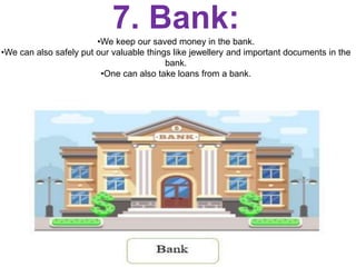 7. Bank:
•We keep our saved money in the bank.
•We can also safely put our valuable things like jewellery and important documents in the
bank.
•One can also take loans from a bank.
 