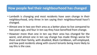 How people feel their neighbourhood has changed
• Lambeth is changing and most residents have seen change in their
neighbourhood, only three in ten saying their neighbourhood hasn’t
changed.
• Almost one in two see their area as a better place to live compared to
two years ago, and four in ten say they have benefited from change.
• However more than one in ten say their area has changed for the
worst, and almost one in ten say change has made things worse for
them and their family, with disabled, Black Caribbean, self-employed,
and low paid residents along with council tenants being more likely to
say this is the case.
 