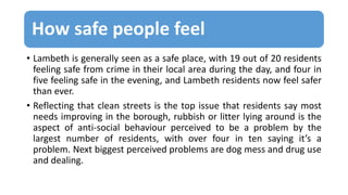 How safe people feel
• Lambeth is generally seen as a safe place, with 19 out of 20 residents
feeling safe from crime in their local area during the day, and four in
five feeling safe in the evening, and Lambeth residents now feel safer
than ever.
• Reflecting that clean streets is the top issue that residents say most
needs improving in the borough, rubbish or litter lying around is the
aspect of anti-social behaviour perceived to be a problem by the
largest number of residents, with over four in ten saying it’s a
problem. Next biggest perceived problems are dog mess and drug use
and dealing.
 