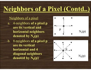 Neighbors of a pixel
a. 4-neighbors of a pixel p
are its vertical and
horizontal neighbors
denoted by N4(p)
b. 8-neighbors of a pixel p
are its vertical
horizontal and 4
diagonal neighbors
denoted by N8(p)
p
N4(p)
p
N8(p)
Neighbors of a Pixel (Contd..)
 