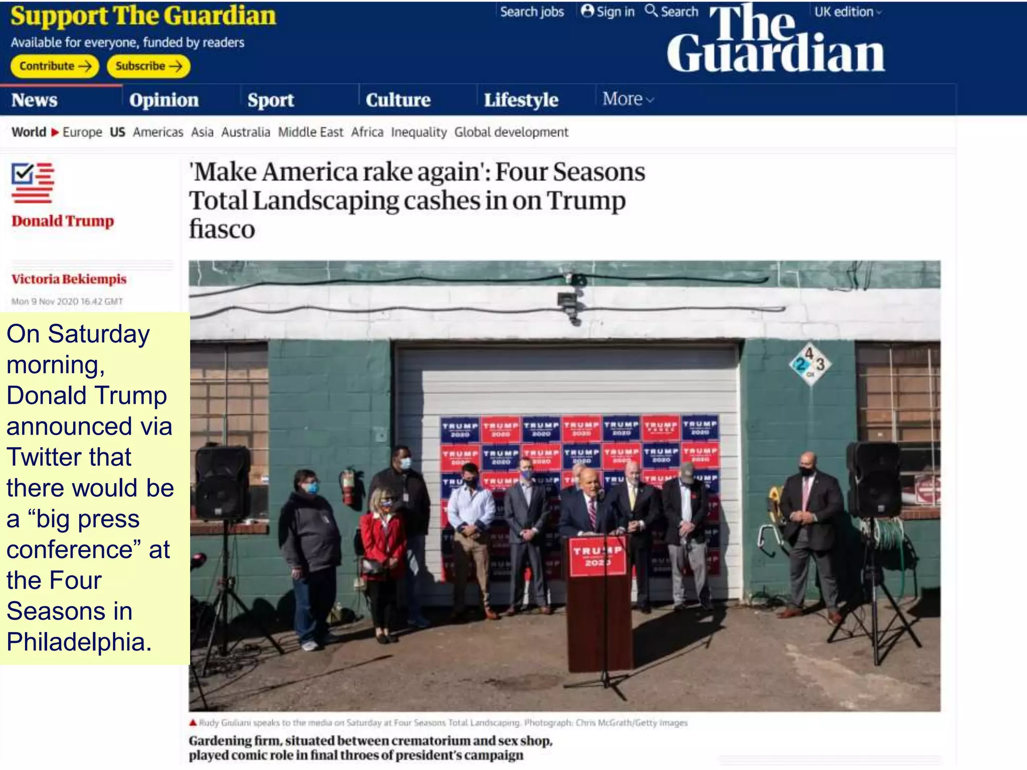 On Saturday
morning,
Donald Trump
announced via
Twitter that
there would be
a “big press
conference” at
the Four
Seasons in
Philadelphia.
 