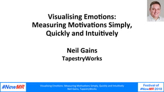 Visualising	Emo-ons:	Measuring	Mo-va-ons	Simply,	Quickly	and	Intui-vely	
Neil	Gains,	TapestryWorks	
Festival of
#NewMR 2018
	
	
Visualising	Emo-ons:	
Measuring	Mo-va-ons	Simply,	
Quickly	and	Intui-vely	
Neil	Gains	
TapestryWorks	
 