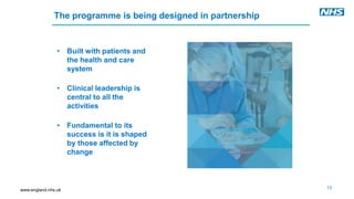www.england.nhs.uk
• Built with patients and
the health and care
system
• Clinical leadership is
central to all the
activities
• Fundamental to its
success is it is shaped
by those affected by
change
The programme is being designed in partnership
13
 