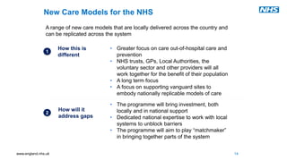 www.england.nhs.uk
New Care Models for the NHS
14
A range of new care models that are locally delivered across the country and
can be replicated across the system
• Greater focus on care out-of-hospital care and
prevention
• NHS trusts, GPs, Local Authorities, the
voluntary sector and other providers will all
work together for the benefit of their population
• A long term focus
• A focus on supporting vanguard sites to
embody nationally replicable models of care
How this is
different
1
• The programme will bring investment, both
locally and in national support
• Dedicated national expertise to work with local
systems to unblock barriers
• The programme will aim to play “matchmaker”
in bringing together parts of the system
How will it
address gaps
2
 