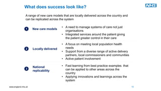 www.england.nhs.uk
What does success look like?
15
A range of new care models that are locally delivered across the country and
can be replicated across the system
• A need to manage systems of care not just
organisations
• Integrated services around the patient giving
the patient greater control in their care
New care models1
• A focus on meeting local population health
needs
• Support from a diverse range of active delivery
partners, local commissioners and communities
• Active patient involvement
Locally delivered2
• Fast learning from best practice examples that
can be applied to other areas across the
country
• Applying innovations and learnings across the
system
National
replicability
3
 