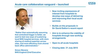 • Now inviting expressions of
interest from hospitals to
develop new ways of delivering
and improving their local acute
services
• Builds on the proposals in
Sir David Dalton’s recent report
• Aim is to enhance the viability of
hospitals through new working
arrangements
• Open to all acute hospitals
• Closing date: 31 July 2015
Acute care collaboration vanguard – launched
“Rather than automatically assuming
that centralised bigger is better, we
want to test new ways of sustaining
local NHS hospital services, with more
sharing of medical expertise across
sites, and more efficiency from shared
back office administration.”
Simon Stevens
NHS England Chief Executive
 