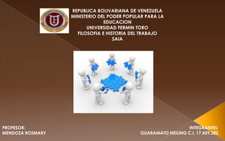 REPUBLICA BOLIVARIANA DE VENEZUELA
MINISTERIO DEL PODER POPULAR PARA LA
EDUCACION
UNIVERSIDAD FERMIN TORO
FILOSOFIA E HISTORIA DEL TRABAJO
SAIA

PROFESOR:
MENDOZA ROSMARY

INTEGRANTES:
GUARAMATO NEILING C.I. 17.459.282

 