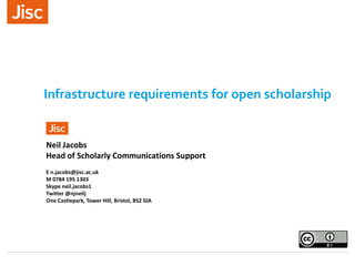 Infrastructure requirements for open scholarship
Neil Jacobs
Head of Scholarly Communications Support
E n.jacobs@jisc.ac.uk
M 0784 195 1303
Skype neil.jacobs1
Twitter @njneilj
One Castlepark, Tower Hill, Bristol, BS2 0JA
 