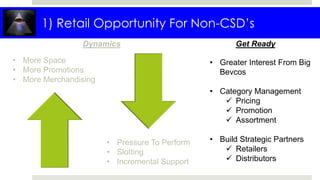 • More Space
• More Promotions
• More Merchandising
• Pressure To Perform
• Slotting
• Incremental Support
Get ReadyDynamics
• Greater Interest From Big
Bevcos
• Category Management
 Pricing
 Promotion
 Assortment
• Build Strategic Partners
 Retailers
 Distributors
1) Retail Opportunity For Non-CSD’s
 