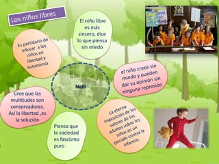 El niño libre
                                     es más
                                 sincero, dice
                                lo que piensa
                                   sin miedo




                               Neill
  Cree que las
 multitudes son
 conservadoras.
Así la libertad ,es
   la solución
                      Piensa que
                      la sociedad
                      es fascismo
                      puro
 