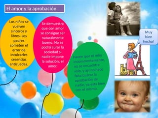 El amor y la aprobación

 Los niños se     Se demuestra
     vuelven      que con amor
   sinceros y    se consigue ser     Muy
   libres. Los    naturalmente       bien
      padres      bueno. No se      hecho!
 cometen el       podrá curar la
     error de       sociedad si
  inculcarles     nadie impone
   creencias      la solución, el
 anticuadas.           amor.
 