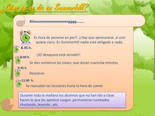 ¿Cómo es un día en Summerhill?
               Riinnnnnnnnnnnnnnnnngggg……..



                 Es hora de ponerse en pie!!..¡¡Hay que apresurarse ,si uno
                  quiere claro. En Summerhill nadie está obligado a nada.
       8.45 h.
                   ¡¡El desayuno está servido!!
      9:00 h.
               Se dan comienzo las clases, que duran cuarenta minutos
     9:45 h.
               Descanso
       11:00 h.
          Se reanudan las lecciones hasta la hora de comer

      Durante toda la mañana los alumnos que no han ido a clase
      hacen lo que les apetece Juegan ,permanecen tumbados
      charlando, leyendo…etc.
 