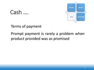 Cash ….
9
Terms of payment
Prompt payment is rarely a problem when
product provided was as promised
Growth Margin
Cash Sustainable
 