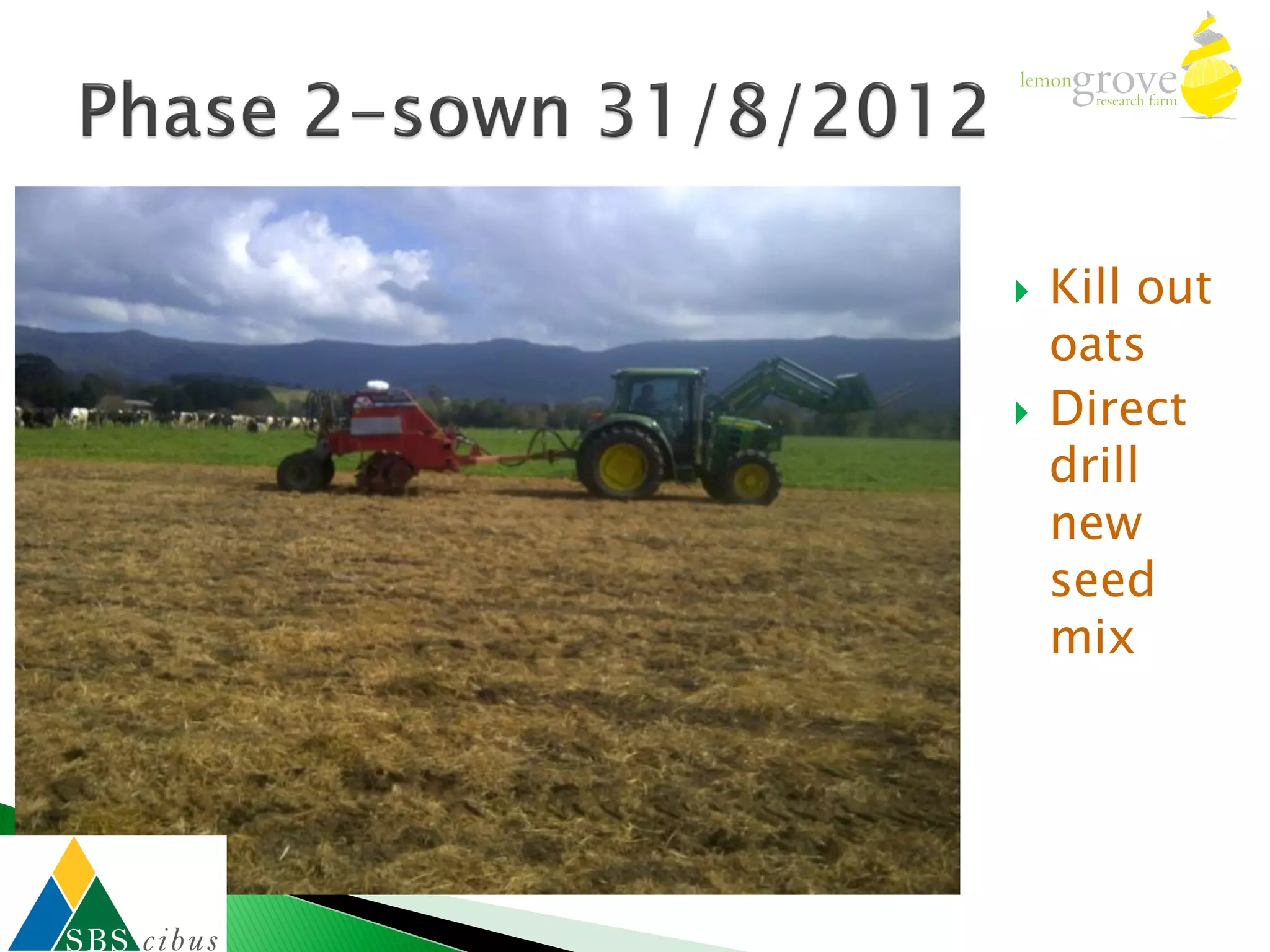    Kill out
    oats
   Direct
    drill
    new
    seed
    mix
 