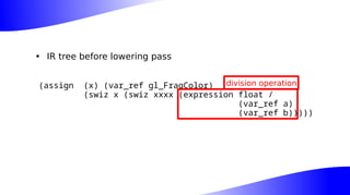 • IR tree before lowering pass
(assign (x) (var_ref gl_FragColor)
(swiz x (swiz xxxx (expression float /
(var_ref a)
(var_ref b)))))
division operation
 