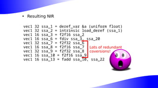 • Resulting NIR
vec1 32 ssa_1 = deref_var &a (uniform float)
vec1 32 ssa_2 = intrinsic load_deref (ssa_1)
vec1 16 ssa_3 = f2f16 ssa_2
vec1 16 ssa_6 = fdiv ssa_3, ssa_20
vec1 32 ssa_7 = f2f32 ssa_6
vec1 16 ssa_8 = f2f16 ssa_7
vec1 32 ssa_9 = f2f32 ssa_8
vec1 16 ssa_10 = f2f16 ssa_9
vec1 16 ssa_13 = fadd ssa_10, ssa_22
Lots of redundant
coversions!
 