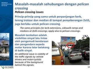 18
Masalah-masalah sehubungan dengan pelican
crossing
Pelican crossing issues
Prinsip-prinsip yang sama untuk perpanjangan kerb,
lereng trotoar dan median di tempat penyeberangan ZoSS,
juga berlaku untuk pelican crossing.
The same principles for kerb extensions, sidewalk ramps and
medians at ZoSS crossings, apply also to pelican crossings.
Masalah tambahan adalah
visibilitas sinyal lalu lintas
oleh pengemudi kendaraan
dan pengendara sepeda
motor karena latar belakang
di balik sinyal.
An additional issue is visibility of
the traffic signals by vehicle
drivers and motor-cyclists
because of the background
behind the signals.
 