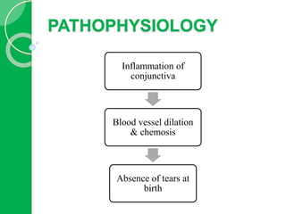 PATHOPHYSIOLOGY
Inflammation of
conjunctiva
Blood vessel dilation
& chemosis
Absence of tears at
birth
 