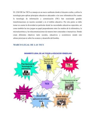 EL USO DE las TICS se maneja en un nuevo ambiente donde el docente evalúa y utiliza la
tecnología para aplicar principios educativos adecuados a los usos informáticos.Por cuanto
la tecnología de información y comunicación (TIC) han ocasionado grandes
transformaciones en nuestra sociedad y en el ámbito educativo. Por otra partes se debe
tomar en cuenta la diversidad en particular desde las necesidades educativas especiales, así
como también las tres juegan un papel preponderante entre los medios de la informática, la
microelectrónica y las telecomunicaciones de manera ínter conectadas e interactivas. Donde
crean diferentes objetivos tanto sociales, educativos y económicos siendo este
ultimo priorizan-te sobre los avances y desarrollo del hombre.


MARCO LEGAL DE LAS TICS
 