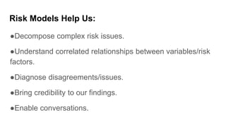Risk Models Help Us:
●Decompose complex risk issues.
●Understand correlated relationships between variables/risk
factors.
●Diagnose disagreements/issues.
●Bring credibility to our findings.
●Enable conversations.
 