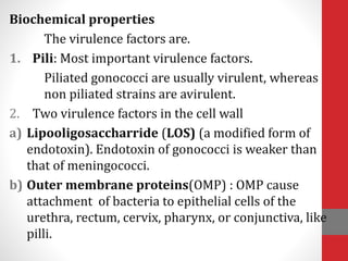 Biochemical properties
The virulence factors are.
1. Pili: Most important virulence factors.
Piliated gonococci are usually virulent, whereas
non piliated strains are avirulent.
2. Two virulence factors in the cell wall
a) Lipooligosaccharride (LOS) (a modified form of
endotoxin). Endotoxin of gonococci is weaker than
that of meningococci.
b) Outer membrane proteins(OMP) : OMP cause
attachment of bacteria to epithelial cells of the
urethra, rectum, cervix, pharynx, or conjunctiva, like
pilli.
 