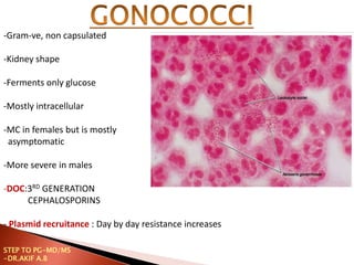-Gram-ve, non capsulated
-Kidney shape
-Ferments only glucose
-Mostly intracellular
-MC in females but is mostly
asymptomatic
-More severe in males
-DOC:3RD GENERATION
CEPHALOSPORINS
- Plasmid recruitance : Day by day resistance increases
STEP TO PG-MD/MS
-DR.AKIF A.B
 