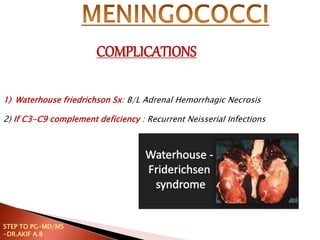 1) Waterhouse friedrichson Sx: B/L Adrenal Hemorrhagic Necrosis
2) If C3-C9 complement deficiency : Recurrent Neisserial Infections
COMPLICATIONS
STEP TO PG-MD/MS
-DR.AKIF A.B
 