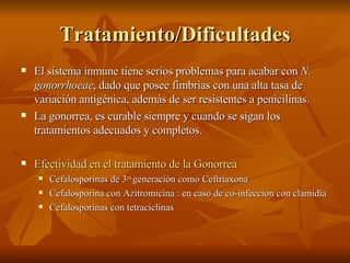 Tratamiento/Dificultades El sistema inmune tiene serios problemas para acabar con  N. gonorrhoeae , dado que posee fimbrias con una alta tasa de variación antigénica, además de ser resistentes a penicilinas.  La gonorrea, es curable siempre y cuando se sigan los tratamientos adecuados y completos. Efectividad en el tratamiento de la Gonorrea Cefalosporinas de 3 ra  generación como Ceftriaxona Cefalosporina con Azitromicina : en caso de co-infeccion con clamidia Cefalosporinas con tetraciclinas 