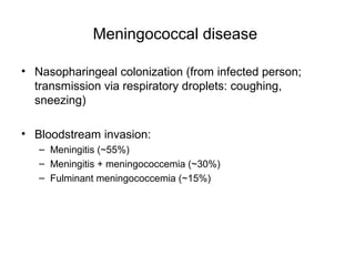 Meningococcal disease
• Nasopharingeal colonization (from infected person;
transmission via respiratory droplets: coughing,
sneezing)
• Bloodstream invasion:
– Meningitis (~55%)
– Meningitis + meningococcemia (~30%)
– Fulminant meningococcemia (~15%)
 
