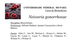 UNIVERSIDADE FEDERAL DO PARÁ
Curso de Biomedicina
Neisseria gonorrhoeae
Disciplina: Bacteriologia
Professoras: DiPaula Madeira, Janaína Vasconcelos e Karla
Ribeiro
Equipe: Aline C., Ana M., Denison L., Jéssyca L., Juliana M.,
Layssa M., Luana C., Lucas V., Mariele G., Valdenice P.,
Wiliane N. e Wiliam O.
 