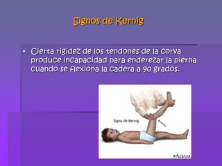M.RCierta rigidez de los tendones de la corva produce incapacidad para enderezar la pierna cuando se flexiona la cadera a 90 grados. Signos de Kernig