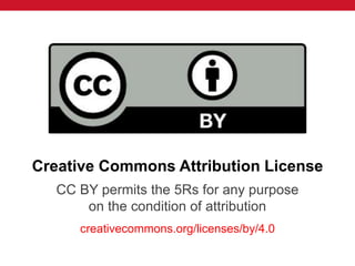 Creative Commons Attribution License
CC BY permits the 5Rs for any purpose
on the condition of attribution
creativecommons.org/licenses/by/4.0
 