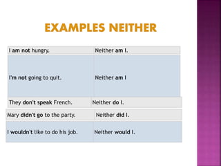 I am not hungry. Neither am I. 
I'm not going to quit. Neither am I 
They don't speak French. Neither do I. 
Mary didn't go to the party. Neither did I. 
I wouldn't like to do his job. Neither would I. 
 