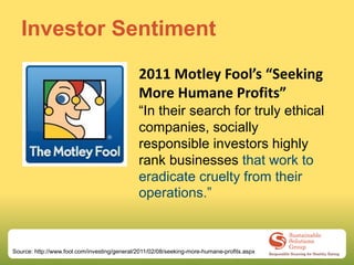 Investor Sentiment
                                              2011 Motley Fool’s “Seeking
                                              More Humane Profits”
                                              “In their search for truly ethical
                                              companies, socially
                                              responsible investors highly
                                              rank businesses that work to
                                              eradicate cruelty from their
                                              operations.”



Source: http://www.fool.com/investing/general/2011/02/08/seeking-more-humane-profits.aspx
 