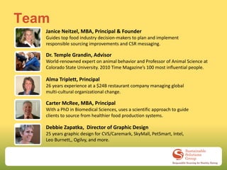 Team
   Janice Neitzel, MBA, Principal & Founder
   Guides top food industry decision-makers to plan and implement
   responsible sourcing improvements and CSR messaging.

   Dr. Temple Grandin, Advisor
   World-renowned expert on animal behavior and Professor of Animal Science at
   Colorado State University. 2010 Time Magazine’s 100 most influential people.

   Alma Triplett, Principal
   26 years experience at a $24B restaurant company managing global
   multi-cultural organizational change.

   Carter McRee, MBA, Principal
   With a PhD in Biomedical Sciences, uses a scientific approach to guide
   clients to source from healthier food production systems.

   Debbie Zapatka, Director of Graphic Design
   25 years graphic design for CVS/Caremark, SkyMall, PetSmart, Intel,
   Leo Burnett,, Ogilvy, and more.
 