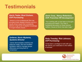 Testimonials
 Harris Teeter, Brad Graham,                   Sonic Corp., Nancy Robertson,
 GVP Purchasing                                SVP, Franchise HR Development
 “Janice is a true professional! She has
 provided timely detailed direction and is a   “Your working with us has been so thought-
 results driven expert that consistently       provoking and helpful. Your help in
 delivers a high level of detailed knowledge   facilitating discussion on these (animal
 on tough industry issues. “                   welfare ) issues at Sonic has been huge.”




 Unilever, Kevin Wyderka,
                                               Ruby Tuesday, Rick Johnson,
 Systems Director
                                               SVP Purchasing
 “Janice demonstrates creativity and
                                               “It has been a privilege to work with you.
 balances reality. She has excellent
                                               We admire your dedication to the welfare
 facilitation skills to manage groups
                                               of animals.”
 effectively and bring them to
 consensus.”
 